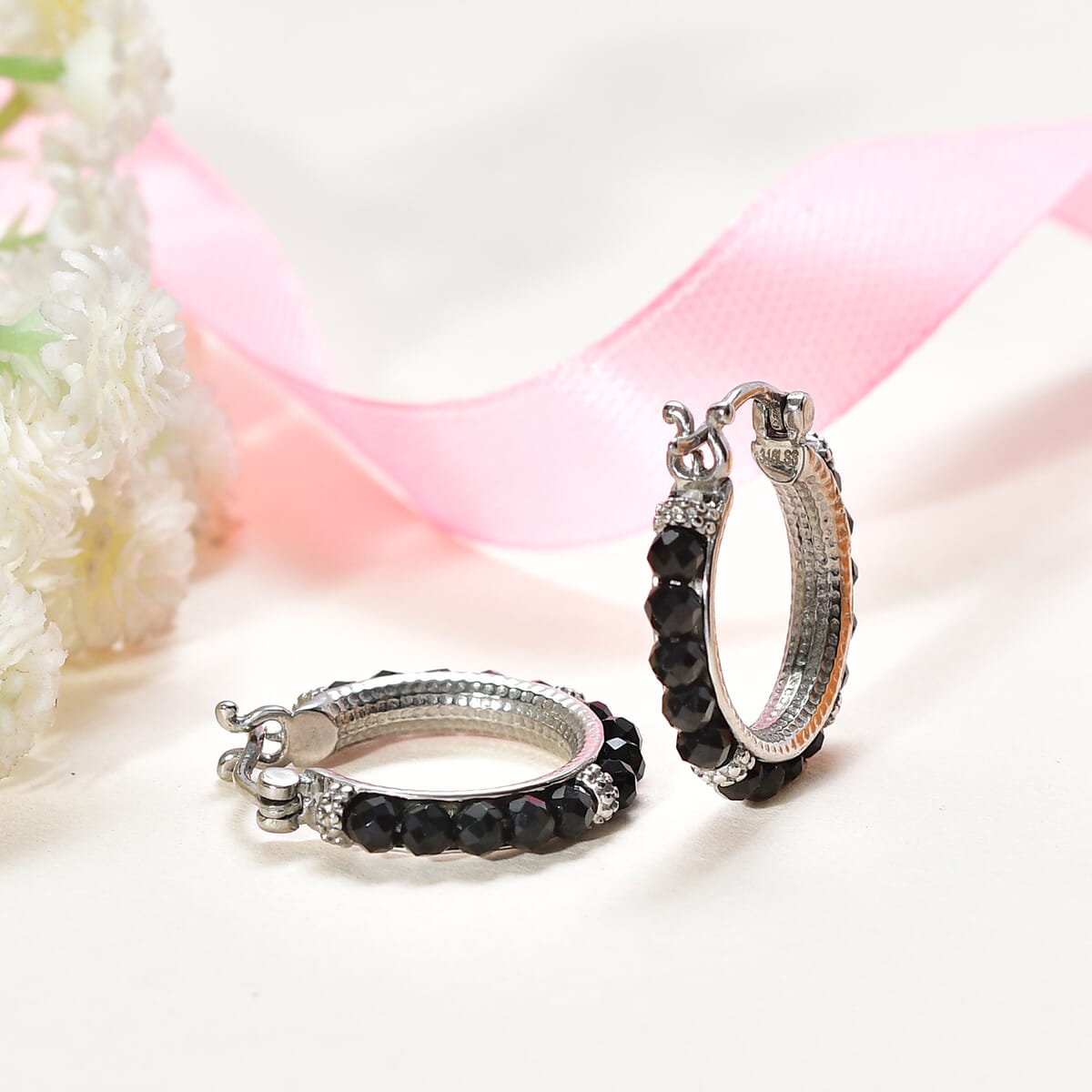Australian Black Tourmaline 9.00 ctw Hoop Earrings in Stainless Steel image number 1