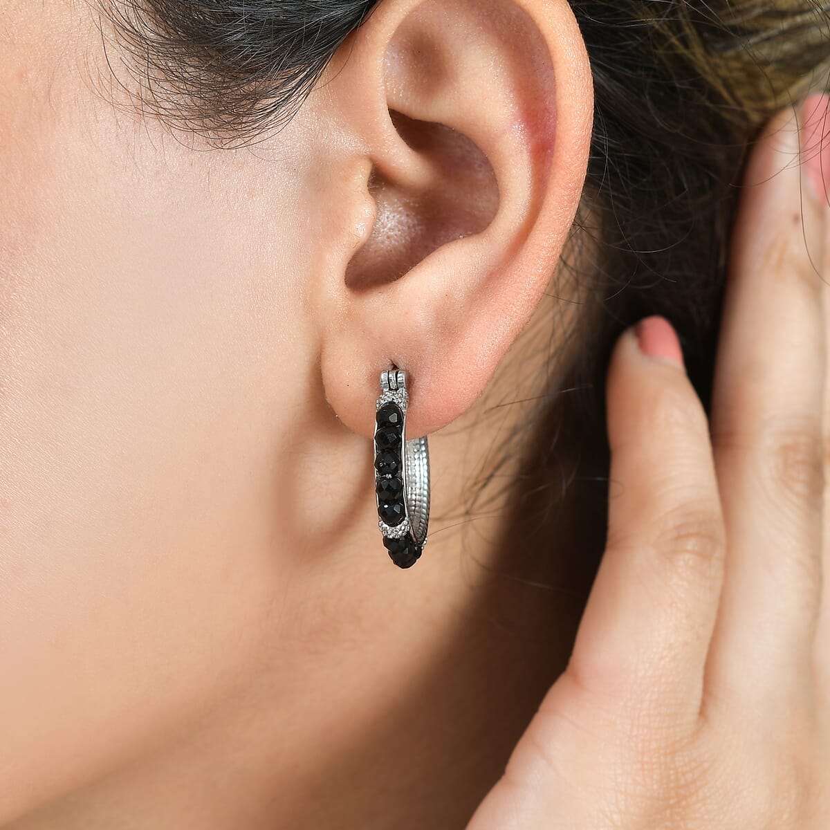 Australian Black Tourmaline 9.00 ctw Hoop Earrings in Stainless Steel image number 2