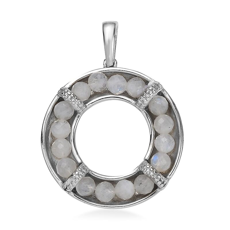 Rainbow Moonstone 6.30 ctw Circle Pendant without Chain in Stainless Steel