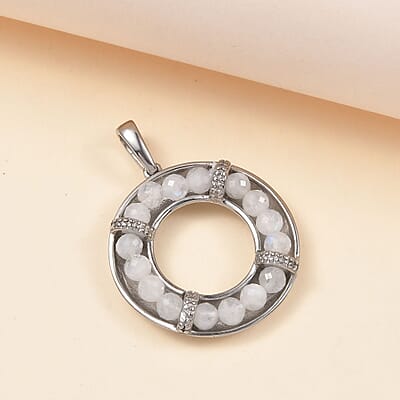 Rainbow Moonstone 6.30 ctw Circle Pendant without Chain in Stainless Steel