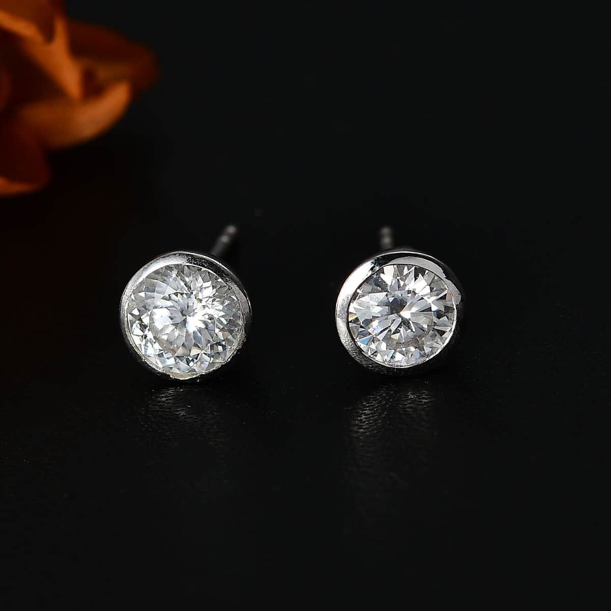 Moissanite (Rnd 6mm) Solitaire Stud Earrings in Rhodium Over Sterling Silver 1.50 ctw image number 1