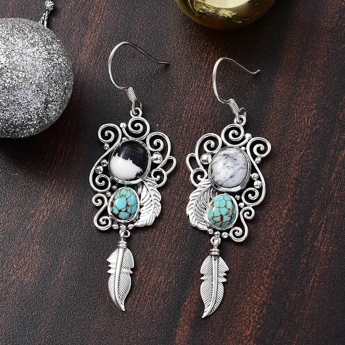 Doorbuster Artisan Crafted Blue Moon Turquoise and White Buffalo 9.40 ctw Earrings in Black Oxidized Sterling Silver image number 1