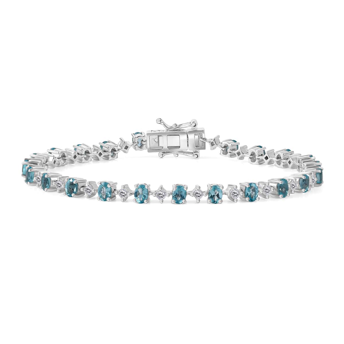 Premium Betroka Blue Apatite and Moissanite 5.00 ctw Art Deco Bracelet in Rhodium Over Sterling Silver (6.50 In) image number 0