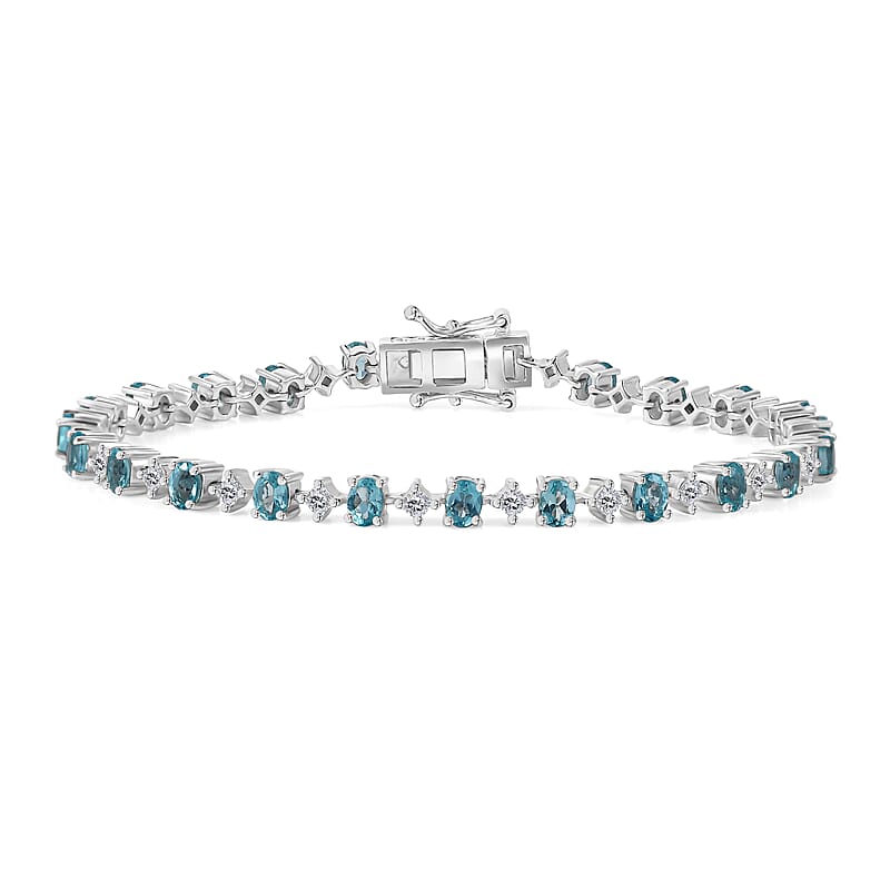 D'Joy Premium Betroka Blue Apatite and Moissanite 5.00 ctw Art Deco Bracelet in Rhodium Over Sterling Silver (6.50 In)