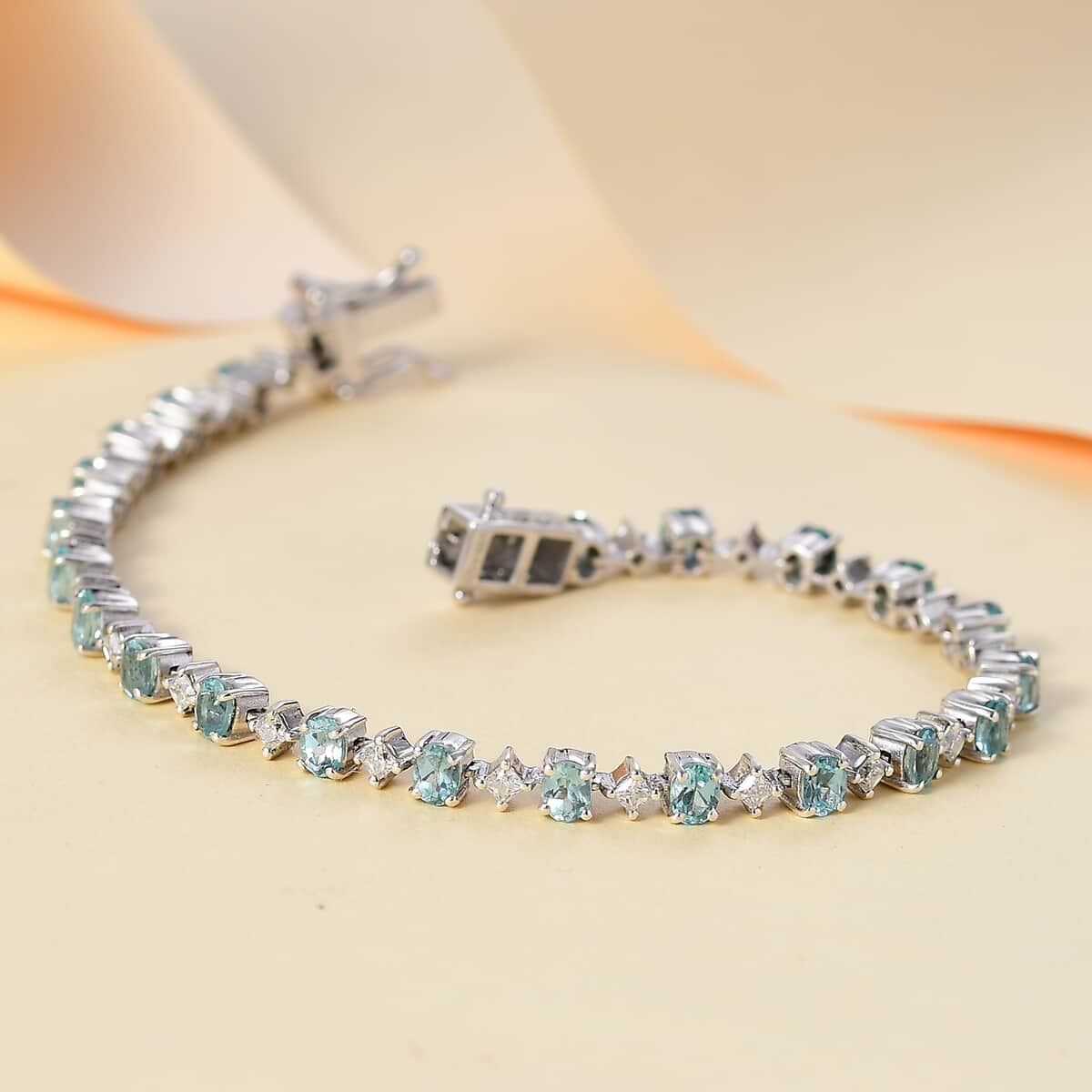 Premium Betroka Blue Apatite and Moissanite 5.00 ctw Art Deco Bracelet in Rhodium Over Sterling Silver (6.50 In) image number 1