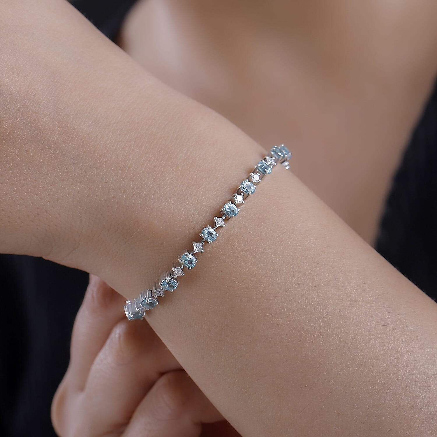 D'Joy Premium Betroka Blue Apatite and Moissanite 5.00 ctw Art Deco Bracelet in Rhodium Over Sterling Silver (6.50 In)