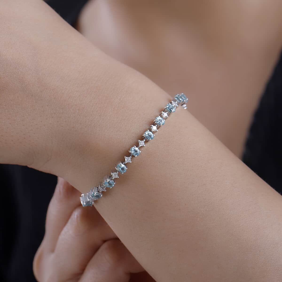 Premium Betroka Blue Apatite and Moissanite 5.00 ctw Art Deco Bracelet in Rhodium Over Sterling Silver (6.50 In) image number 2