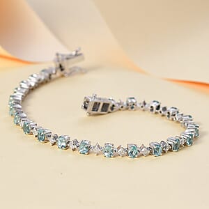 D'Joy Premium Madagascar Lagoon Apatite and Moissanite 5.00 ctw Art Deco Bracelet in Rhodium Over Sterling Silver (6.50 In)