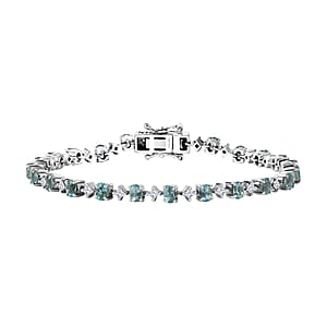 Premium Madagascar Lagoon Apatite and Moissanite 6.25 ctw Art Deco Bracelet in Rhodium Over Sterling Silver (8.00 In)