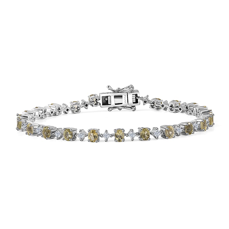 D'Joy Premium Madagascar Yellow Apatite and Moissanite 6.00 ctw Art Deco Bracelet in Rhodium Over Sterling Silver (8.00 In)