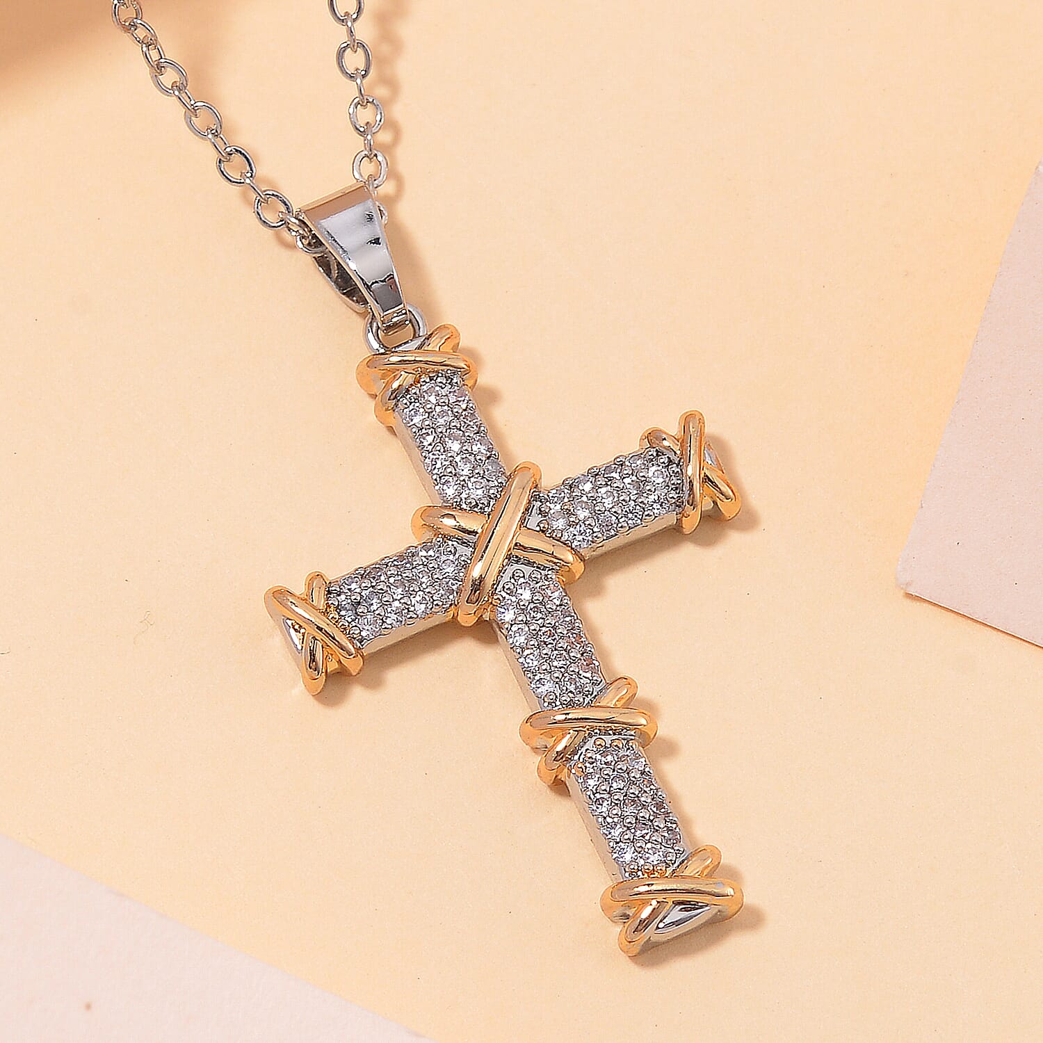  Simulated Diamond 3.50 ctw XOXO Cross Necklace 20-22 Inches in Dualtone