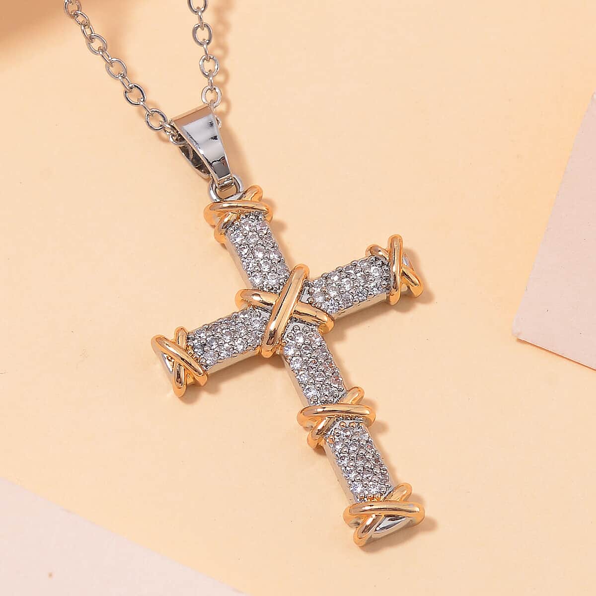 Doorbuster Simulated Diamond Cross Necklace (20-22 Inches) in Dualtone 3.50 ctw image number 1