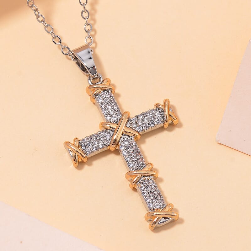 Simulated Diamond 3.50 ctw XOXO Cross Necklace 20-22 Inches in Dualtone