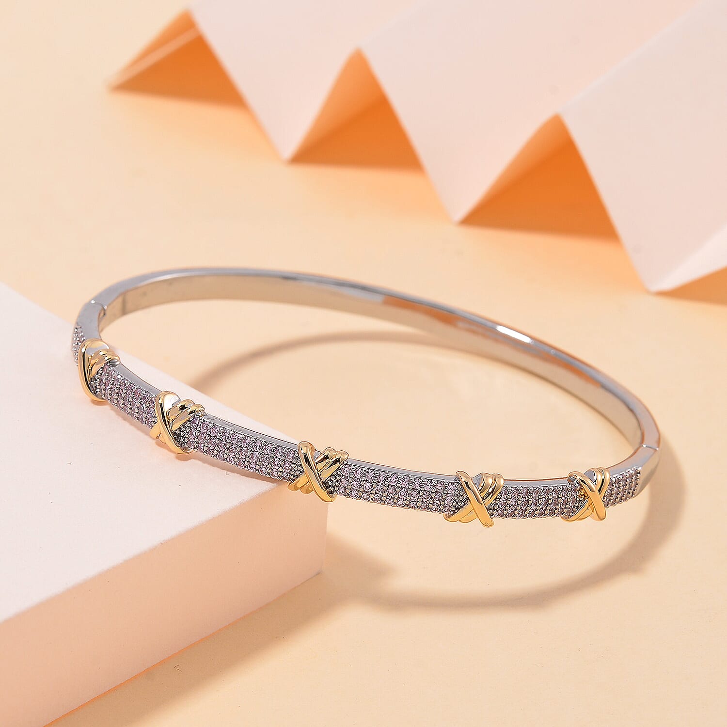 Simulated Pink Diamond 10.00 ctw XOXO Bangle Bracelet in Dualtone (7.50 In)