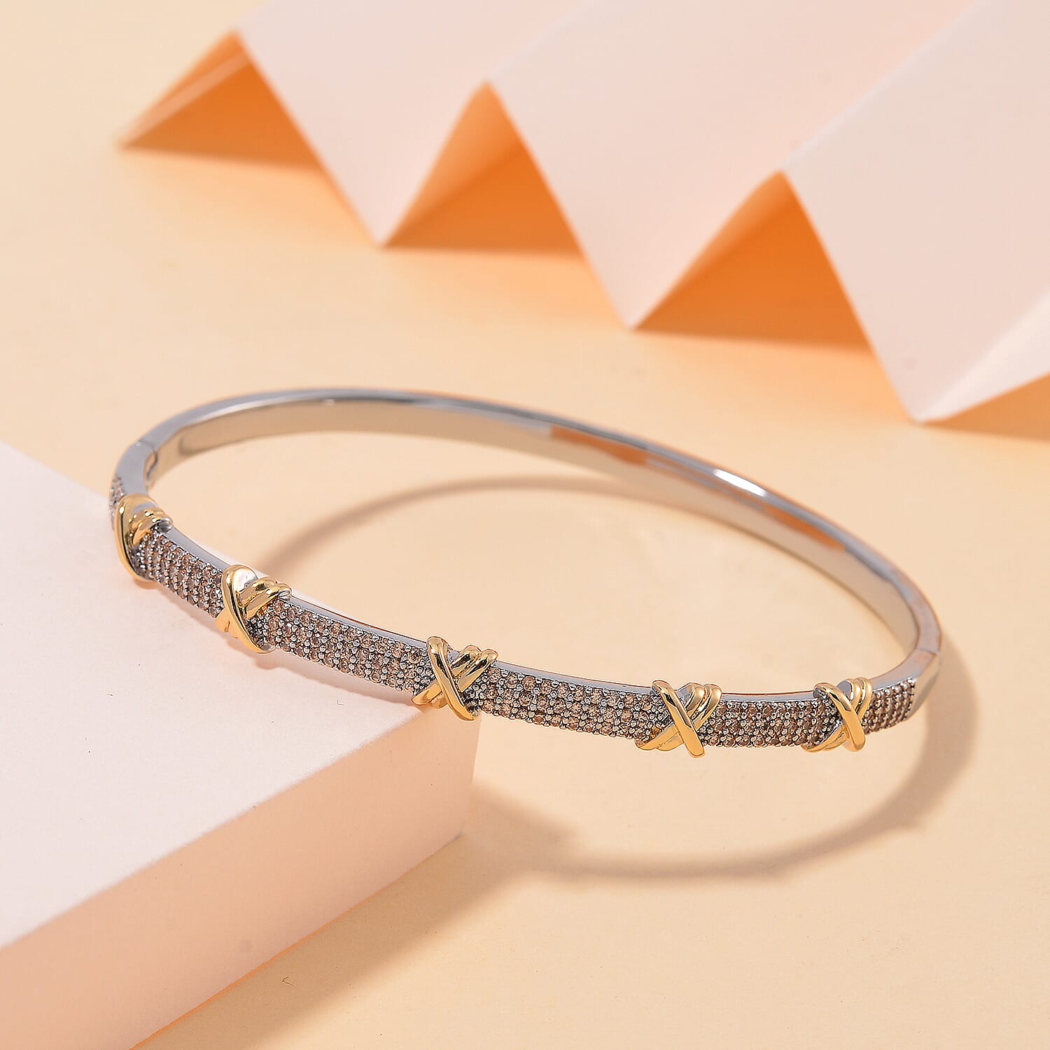 Simulated Champagne Color Diamond 10.00 ctw XOXO Bangle Bracelet in Dualtone (7.50 In)