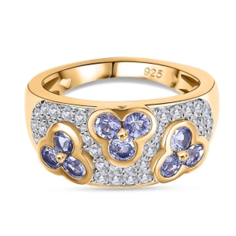 Tanzanite and White Zircon 1.76 ctw Cluster Ring in 18K Vermeil Yellow Gold Over Sterling Silver (Size 9.0) (5.11 g)