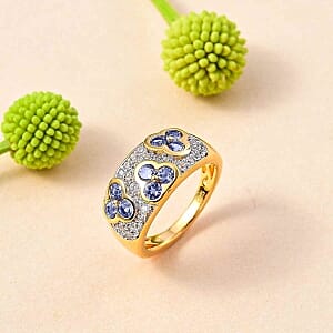 Tanzanite and White Zircon 1.76 ctw Cluster Ring in 18K Vermeil Yellow Gold Over Sterling Silver (Size 9.0) (5.11 g)