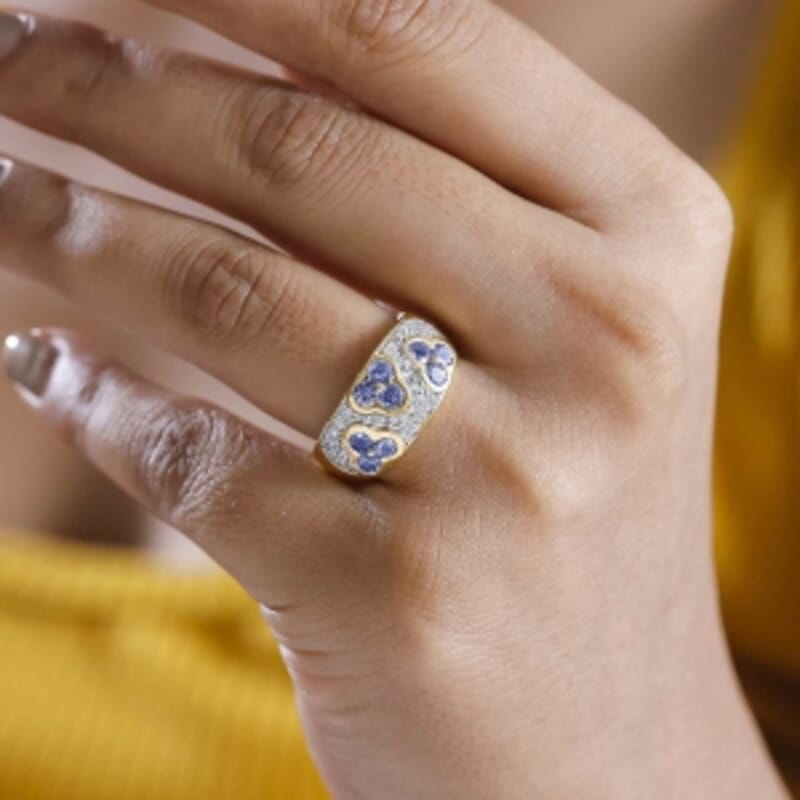 Tanzanite and White Zircon 1.76 ctw Cluster Ring in 18K Vermeil Yellow Gold Over Sterling Silver (Size 9.0) (5.11 g)