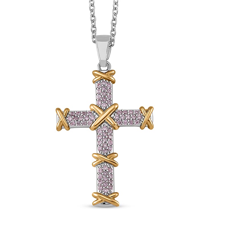  Simulated Pink Diamond 3.50 ctw XOXO Cross Necklace 20-22 Inches in Dualtone