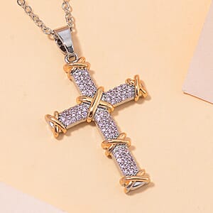 Doorbuster Simulated Pink Diamond 3.50 ctw XOXO Cross Necklace 20-22 Inches in Dualtone