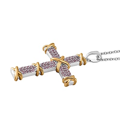  Simulated Pink Diamond 3.50 ctw XOXO Cross Necklace 20-22 Inches in Dualtone