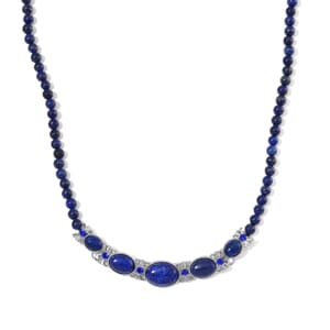 Lapis Lazuli and Blue Austrian Crystal 150.00 ctw Beaded Necklace in Silvertone 20 Inches