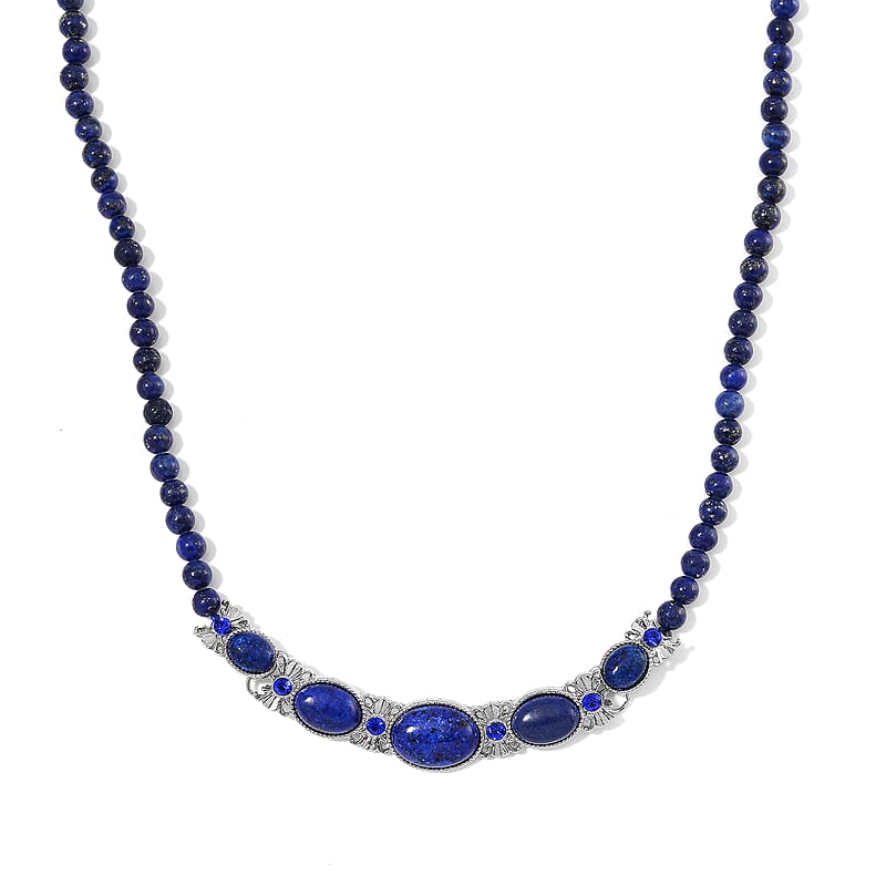 Lapis Lazuli and Blue Austrian Crystal 150.00 ctw Beaded Necklace in Silvertone 20 Inches