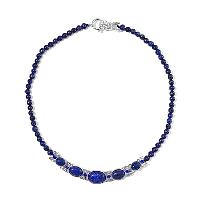 Lapis Lazuli and Blue Austrian Crystal 150.00 ctw Beaded Necklace in Silvertone 20 Inches