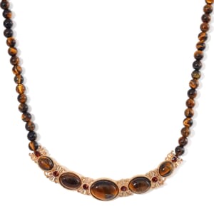 Tigers Eye and Brown Austrian Crystal 150.00 ctw Beaded Necklace in Goldtone 20 Inches