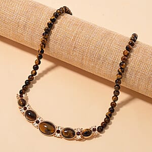 Tigers Eye and Brown Austrian Crystal 150.00 ctw Beaded Necklace in Goldtone 20 Inches