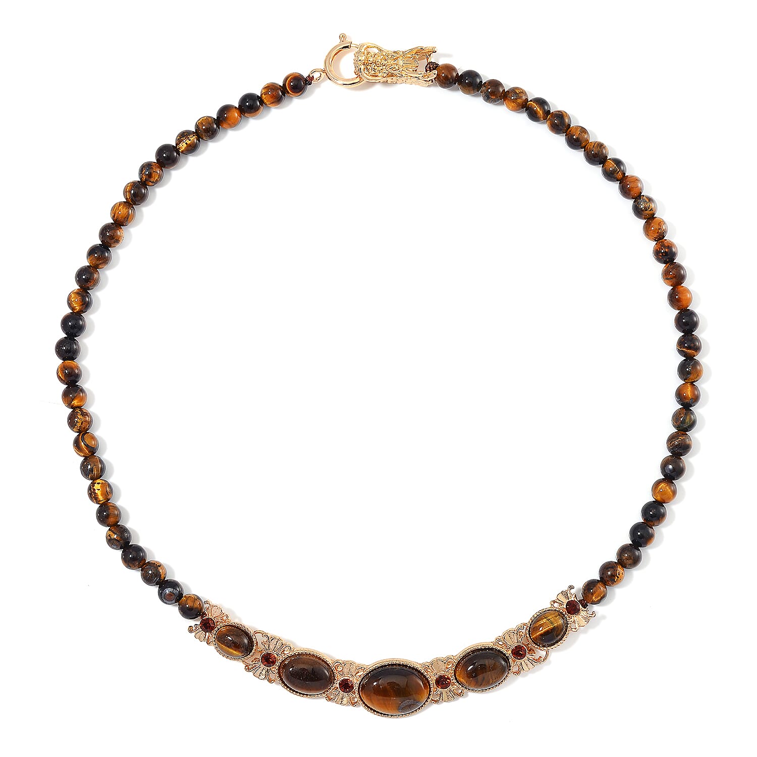 Tigers Eye and Brown Austrian Crystal 150.00 ctw Beaded Necklace in Goldtone 20 Inches