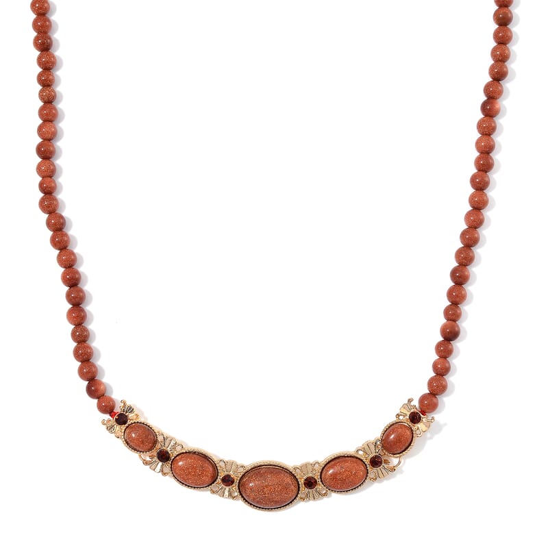 Gold Sandstone and Brown Austrian Crystal 150.00 ctw Beaded Necklace in Goldtone 20 Inches