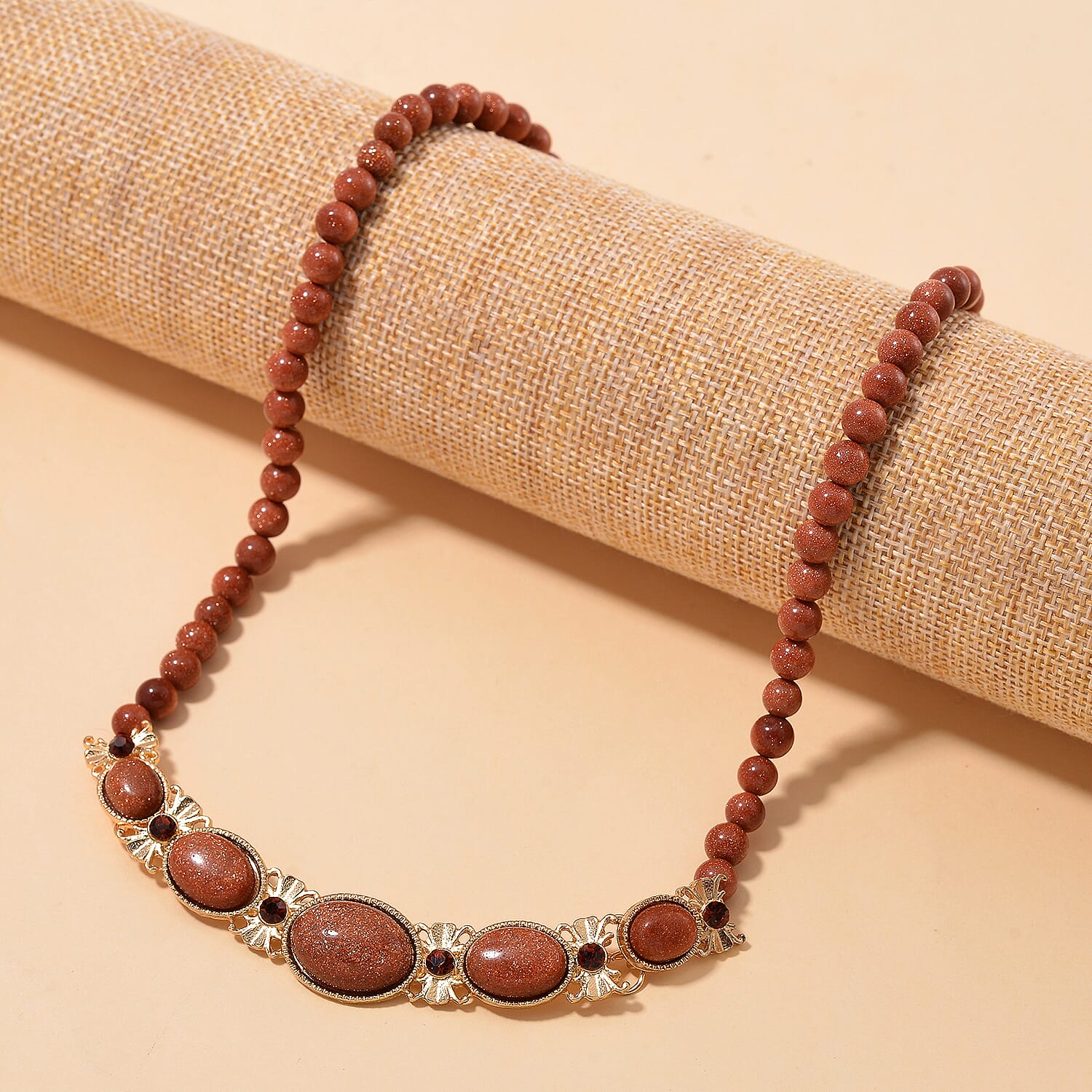 Gold Sandstone and Brown Austrian Crystal 150.00 ctw Beaded Necklace in Goldtone 20 Inches