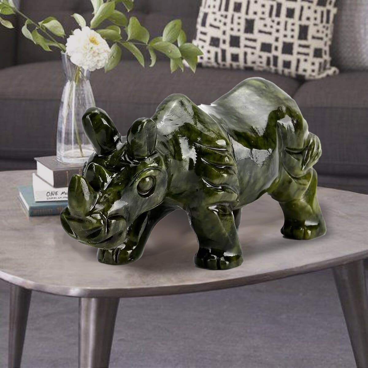 Handcrafted Serpentine Rhinoceros Figurine image number 1