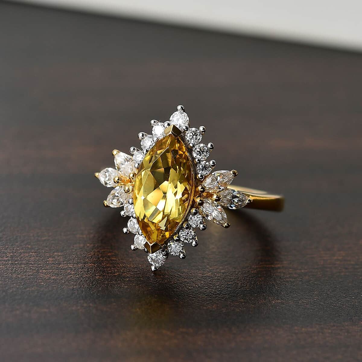 Premium Brazilian Heliodor, Moissanite Sunflower Ring in 18K Vermeil YG Over Sterling Silver (Size 10.0) 2.60 ctw image number 1