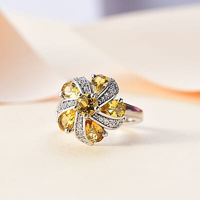 Premium Brazilian Heliodor and White Zircon 2.65 ctw Blossom Flower Ring in Rhodium Over Sterling Silver (Size 10.0)