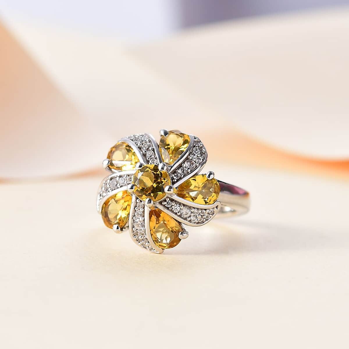 Premium Brazilian Heliodor and White Zircon 2.65 ctw Blossom Flower Ring in Rhodium Over Sterling Silver (Size 6.0) image number 1