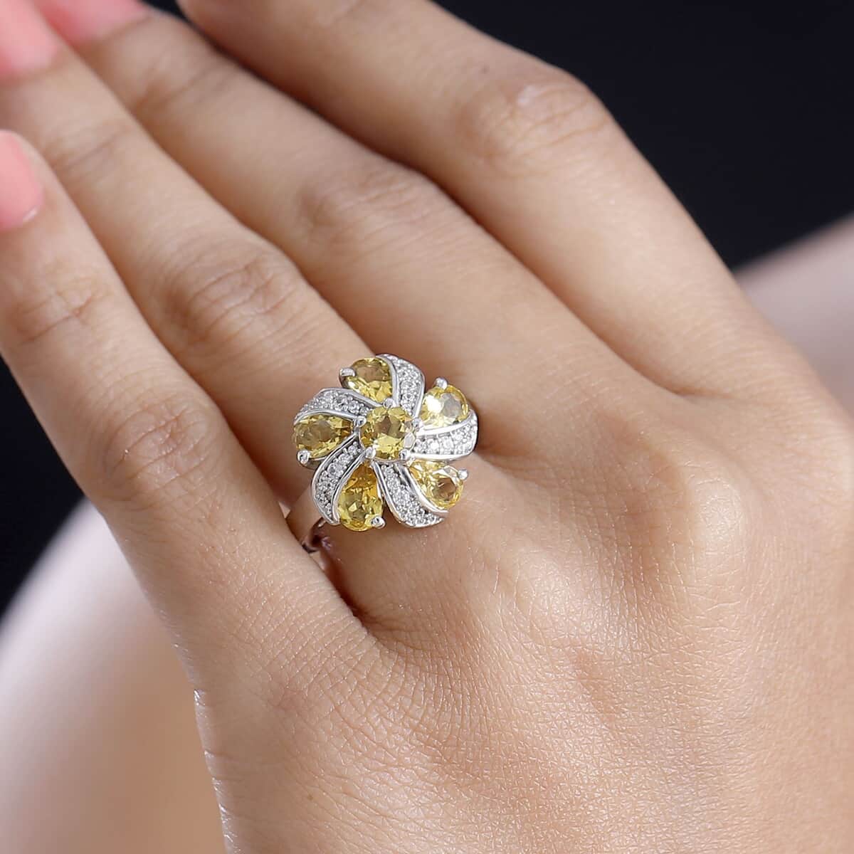 Premium Brazilian Heliodor and White Zircon 2.65 ctw Blossom Flower Ring in Rhodium Over Sterling Silver (Size 6.0) image number 2