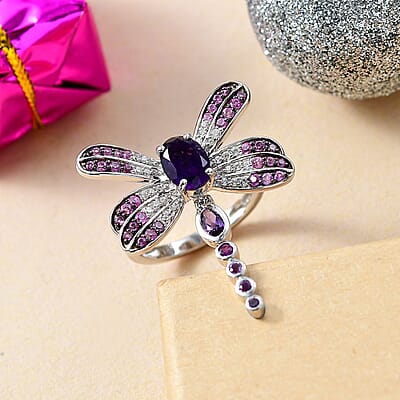 GP Trionfo Collection Premium African Amethyst and Multi Gemstone 2.35 ctw Lucky Dragonfly Ring in Rhodium Over Sterling Silver (Size 10.0)