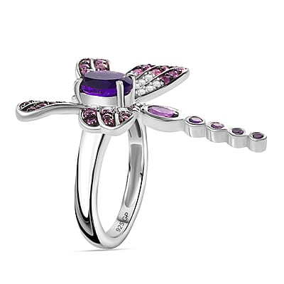 GP Trionfo Collection Premium African Amethyst and Multi Gemstone 2.35 ctw Lucky Dragonfly Ring in Rhodium Over Sterling Silver (Size 10.0)