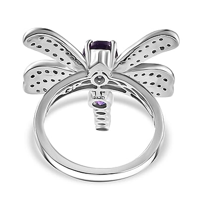 GP Trionfo Collection Premium African Amethyst and Multi Gemstone 2.35 ctw Lucky Dragonfly Ring in Rhodium Over Sterling Silver (Size 10.0)