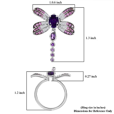 GP Trionfo Collection Premium African Amethyst and Multi Gemstone 2.35 ctw Lucky Dragonfly Ring in Rhodium Over Sterling Silver (Size 10.0)
