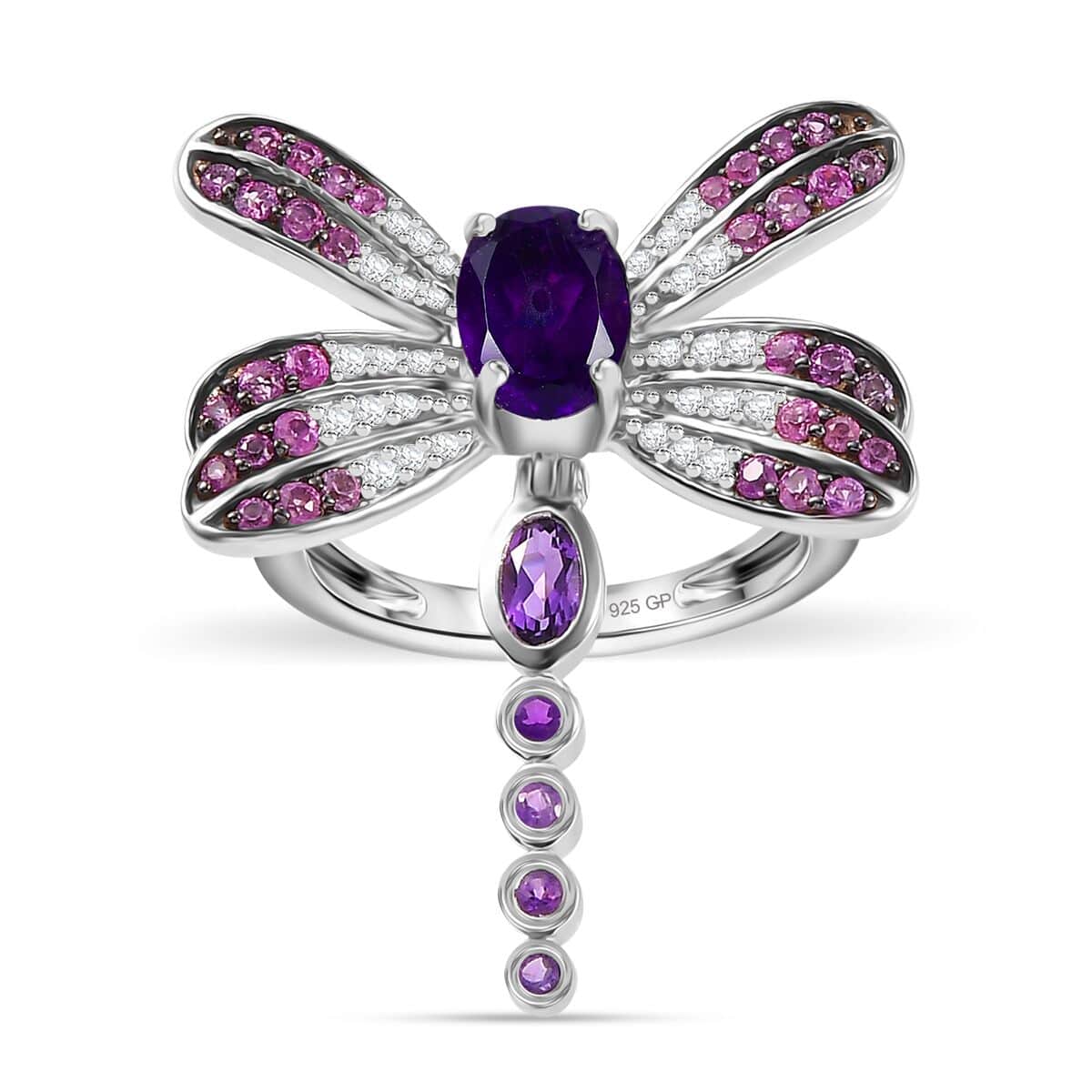 GP Trionfo Collection Premium African Amethyst and Multi Gemstone 2.35 ctw Lucky Dragonfly Ring in Rhodium Over Sterling Silver (Size 7.0) image number 0