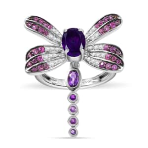 GP Trionfo Collection Premium African Amethyst and Multi Gemstone 2.35 ctw Lucky Dragonfly Ring in Rhodium Over Sterling Silver (Size 7.0)