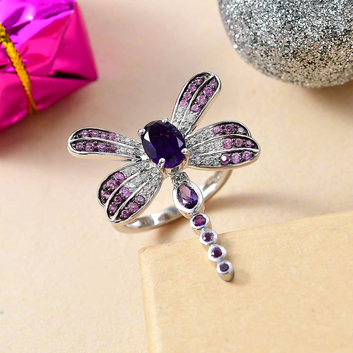 GP Trionfo Collection Premium African Amethyst and Multi Gemstone 2.35 ctw Lucky Dragonfly Ring in Rhodium Over Sterling Silver (Size 7.0) image number 1