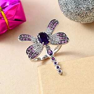 GP Trionfo Collection Premium African Amethyst and Multi Gemstone 2.35 ctw Lucky Dragonfly Ring in Rhodium Over Sterling Silver (Size 7.0)