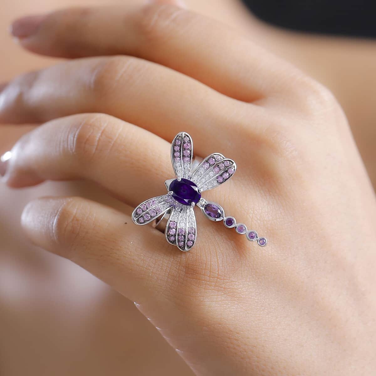 GP Trionfo Collection Premium African Amethyst and Multi Gemstone 2.35 ctw Lucky Dragonfly Ring in Rhodium Over Sterling Silver (Size 7.0) image number 2