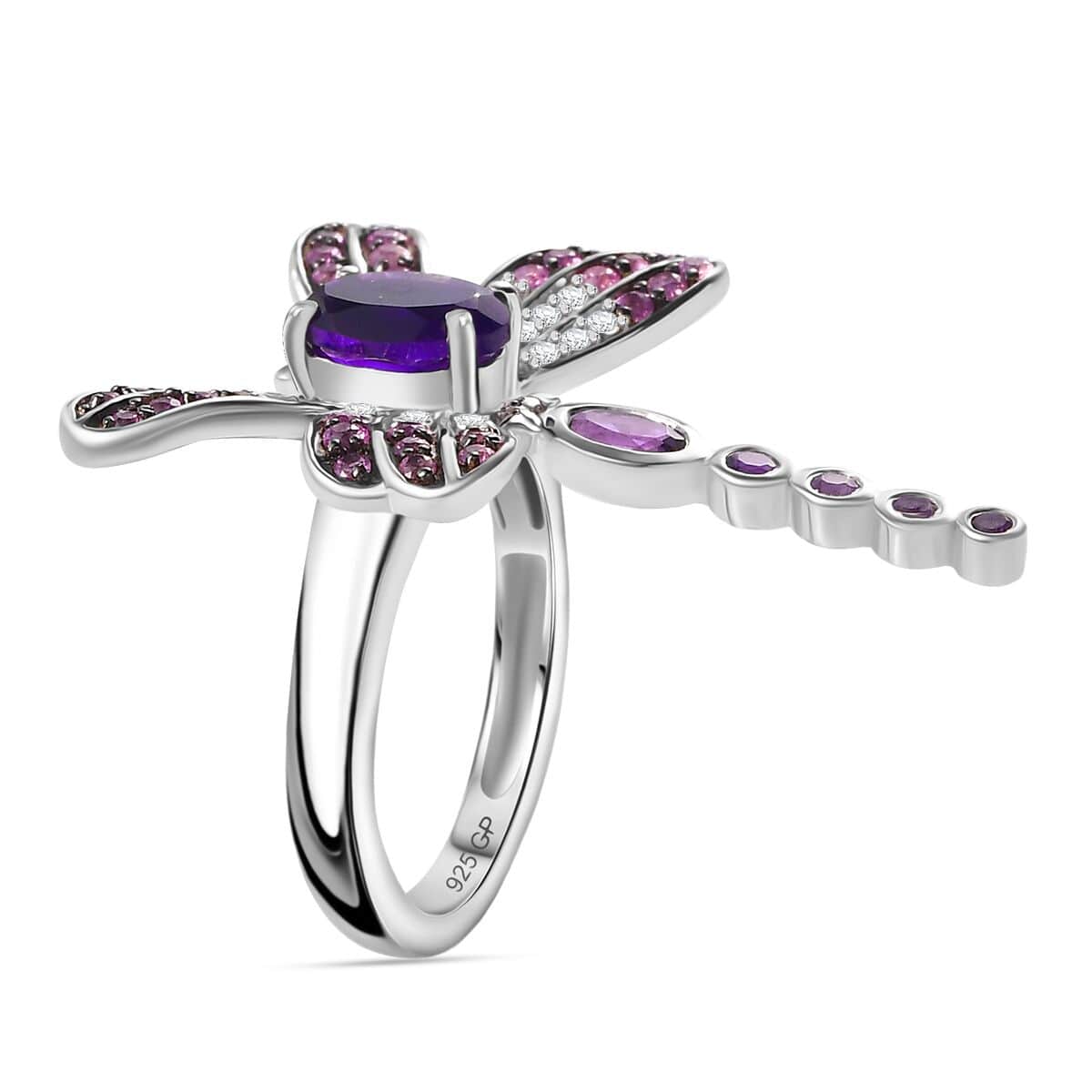 GP Trionfo Collection Premium African Amethyst and Multi Gemstone 2.35 ctw Lucky Dragonfly Ring in Rhodium Over Sterling Silver (Size 7.0) image number 3