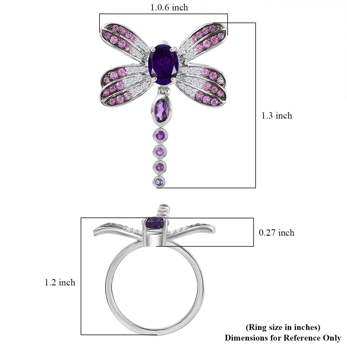 GP Trionfo Collection Premium African Amethyst and Multi Gemstone 2.35 ctw Lucky Dragonfly Ring in Rhodium Over Sterling Silver (Size 7.0) image number 5