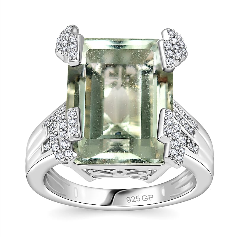 GP Royal Art Deco Collection AAA Montezuma Prasiolite and Multi Gemstone 12.40 ctw Ring in Rhodium Over Sterling Silver (Size 10.0)